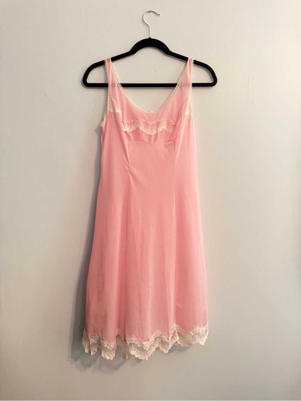 Vintage Made in France French Pink Coquette Slip with Cream Lace Trim
